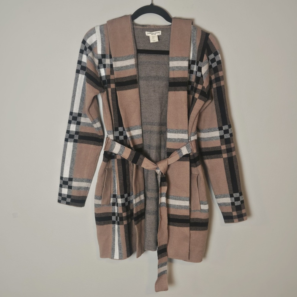 Christian Siriano New York Plaid Check Jacket Coat Belted Hooded Wrap Size Small